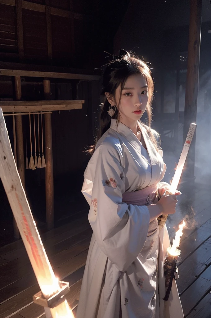 The mysterious maid、 (Musashi Miyamoto)、 Wielding a long Japan sword、Split with a powerful blow、Wrapped in a fog that blocks visibility、Revealing a vivid and otherworldly scene、Hazy background、The clarity of the sword strike、Burning earth in the background、volcano、lava、White Fox、A mysterious layer of mist covers the foreground、Earrings、Clear Eyes、Exquisite and delicate kimono、Dramatic lighting and colors、