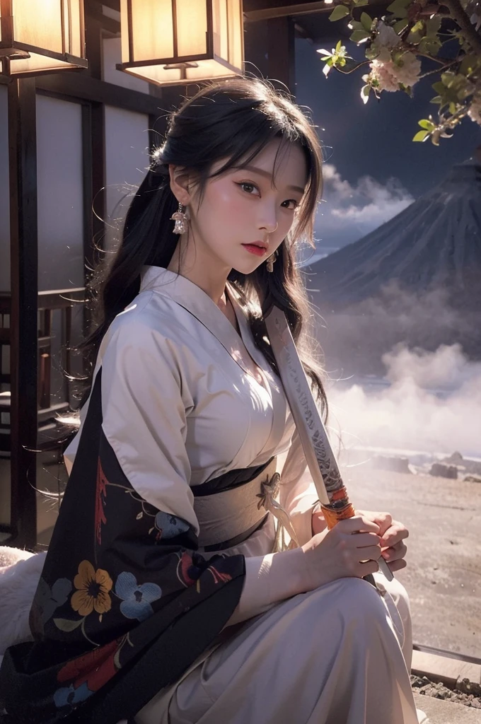 The mysterious maid、 (Musashi Miyamoto)、 Wielding a long Japan sword、Split with a powerful blow、Wrapped in a fog that blocks visibility、Revealing a vivid and otherworldly scene、Hazy background、The clarity of the sword strike、Burning earth in the background、volcano、lava、White Fox、A mysterious layer of mist covers the foreground、Earrings、Clear Eyes、Exquisite and delicate kimono、Dramatic lighting and colors、