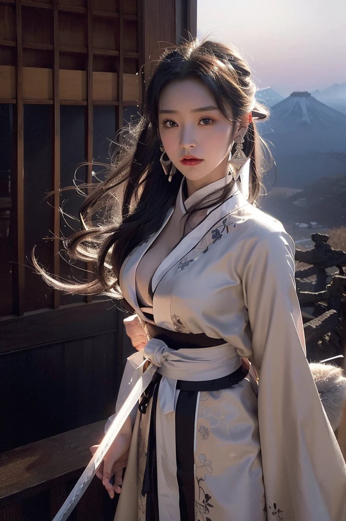The mysterious maid、 (Musashi Miyamoto)、 Wielding a long Japan sword、Split with a powerful blow、Wrapped in a fog that blocks visibility、Revealing a vivid and otherworldly scene、Hazy background、The clarity of the sword strike、Burning earth in the background、volcano、lava、White Fox、A mysterious layer of mist covers the foreground、Earrings、Clear Eyes、Exquisite and delicate kimono、Dramatic lighting and colors、