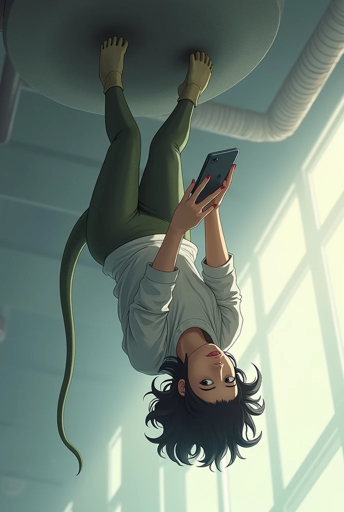 a young girl of 23 years, with lizard tail , headlong (upsidedown) (gripped, hanging with its tail on a tube). playing (gaming) with phone in his hands.
