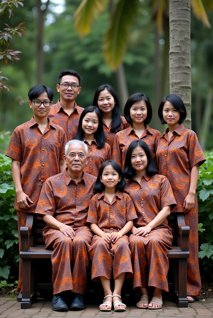 Family photo of 11 native Indonesians, wearing the same batik uniform, consisting of: - 60 year old man and woman, black hair, sitting on a bench - 3 men and 3 women aged 30 years, standing behind - 2 boys aged 12 years, standing behind the bench - 1 girl aged 7 years, sitting on a bench in the middle