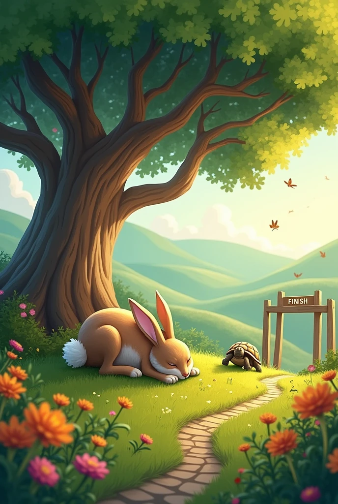A rabbit and a turtle were racing. The rabbit fell asleep under a big tree, allowing the turtle to reach the finish line first.