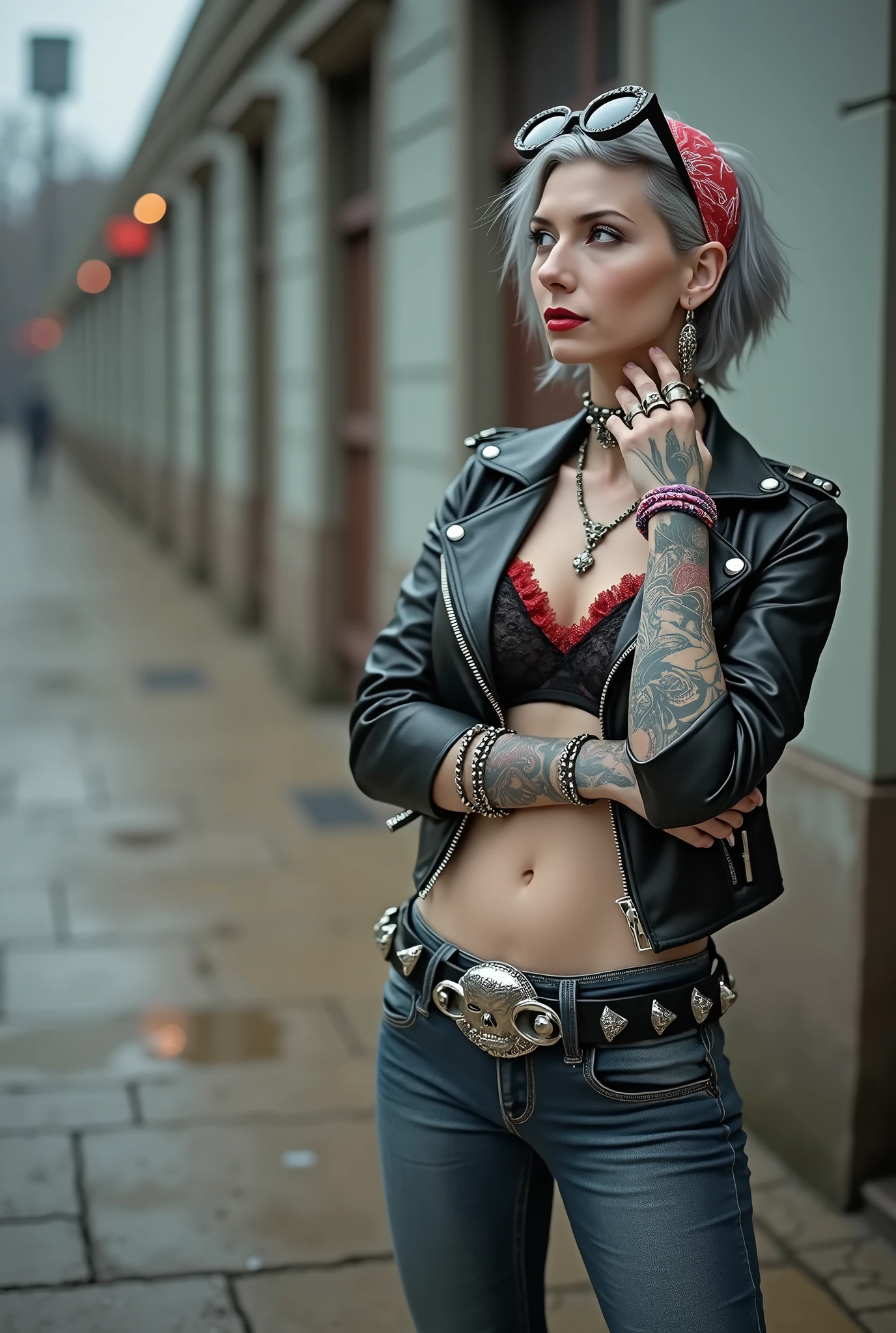 russian milf woman, grey hair (middle part) and wide colourful bandana as headband, maxi sunglasses as headband. Very light blue eyes, extremely pale. Wearing studded cropped black moto jacket with lots of zippers and pins, black and red lace push up bra , dark skinny blue jeans and pointy silver Chelsea boots with cuban heels . Lots of colourful thick bracelets, colourful collars and colourful rings. Tacky wide studded leather belt with oversized skull and bones buckle. Long bohemian earrings with feathers. Standing up, humble facial expression. Hands caressing her neck, showing off bracelets and rings. Chains around belt.. Listening in amazement to somebody speaking to her, toned six pack abdominals, thin neck, slim legs and thin arms. Tattoed heavily. Huge black leather tote bag
