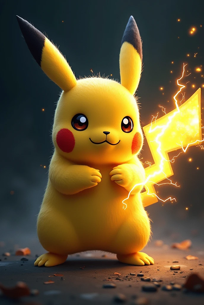 Pikachu holding a lightning bolt in his hand with his eyes glowing with lightning on a black background 