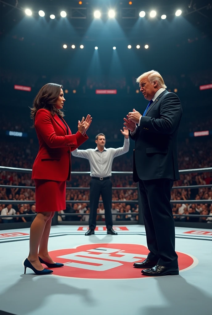 Crie uma luta em um ring de UFC entre kamala Harris vs Donald Trump e bote Elon musk como o juiz da luta