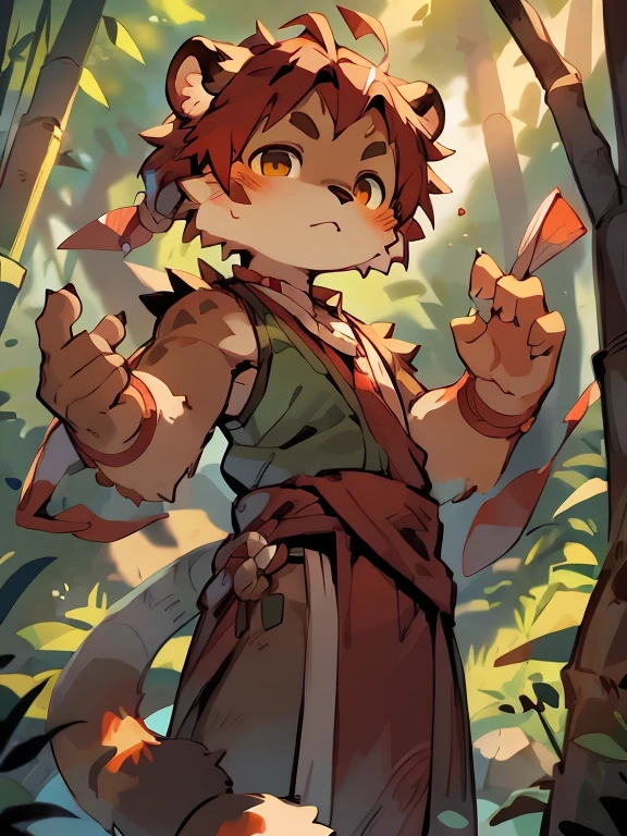 dragon orc, male bias, scheming face, shota, boy, toddler, cute, (Floating_Clouds), loincloth, holding a arrow, warrior background, stand on the ground, hands behind your back, wounds,Sharp fangs,Paw pads,wounds,Dirty bandages,Plush paw,Paw pads, wings, red dark horns