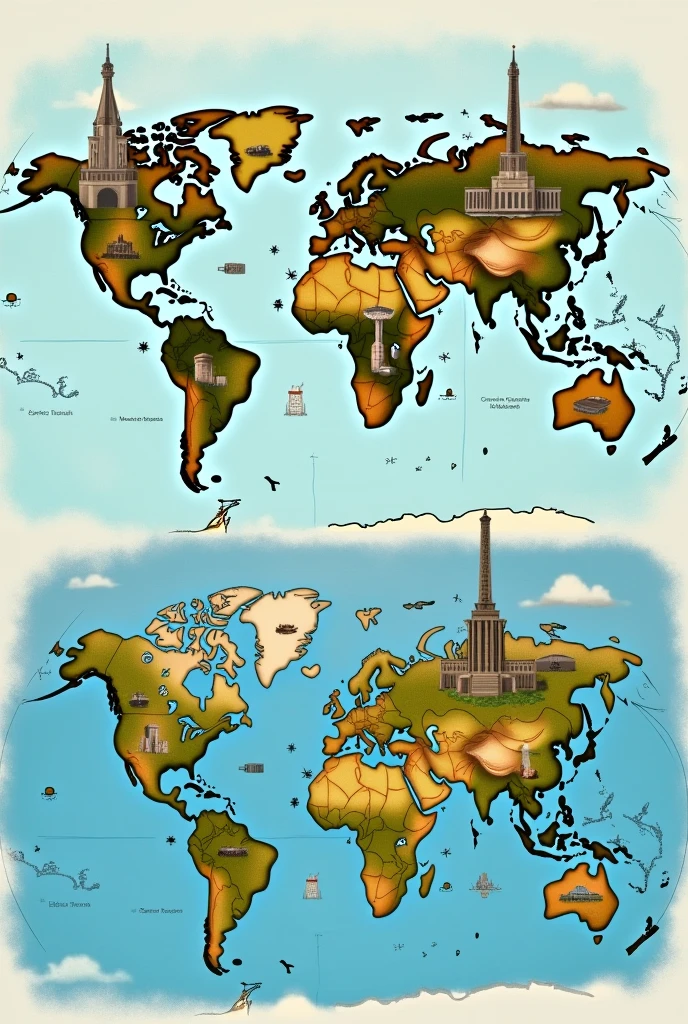 global village, a world map where in all famous structure in the world are included. Drawing, not to detailed