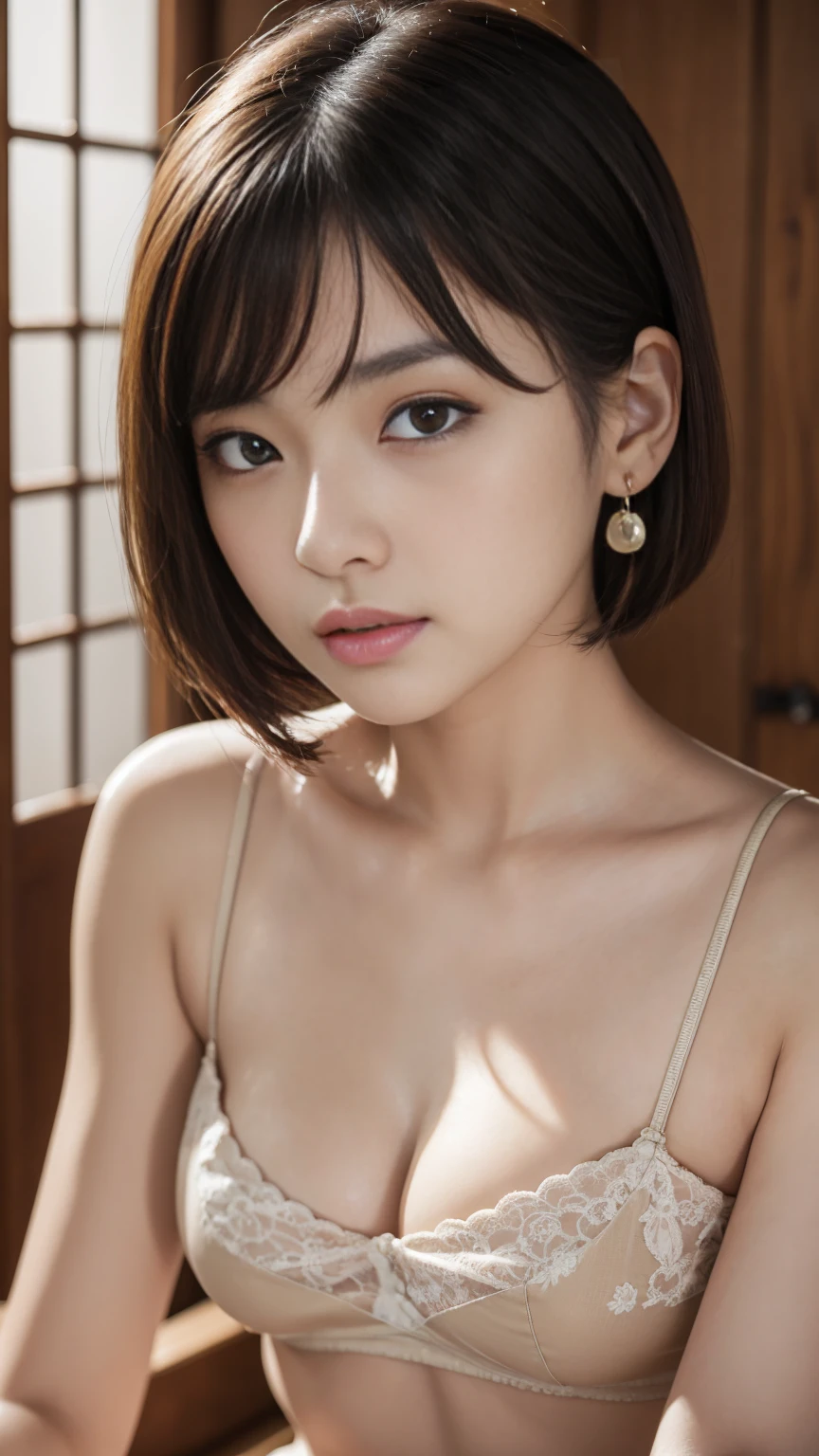 (masterpiece:1.1),(Photorealistic:1.3),(Highest quality:1.2),Highest quality,(Ultra high definition:1.2),RAW Photos,Tabletop,Very cute Japanese girl,Amazingly cute face,Ultra-detailed face,Detailed eyes,Beautiful Eyes,Long eyelashes,double eyelid,Perfect balance,Mid-chest,looking at the camera,Textured skin,Beautiful Skin,Earrings,Natural Lip,light makeup,Very Short Bob,(cachecoeur knit)