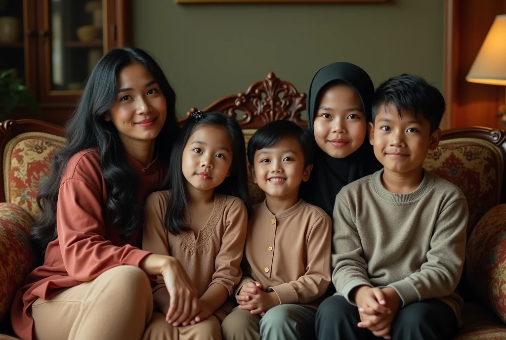 Portrait of indonesian family, one mom with long black hair, two hijab daughters, two  sons, realistic photograpy, sit on sofa in the decorative indoor studio,  cinematic, hyper realistic, super detail, HD 8K. 