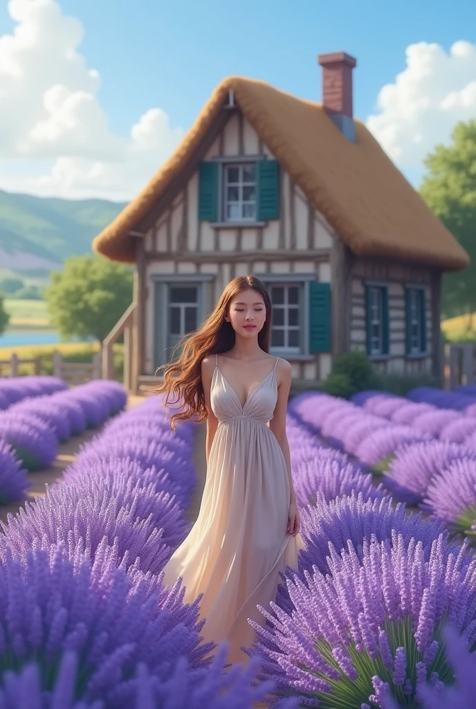 A picture length 14cm and width 10.4cm of lavendar garden in front of a small beautiful house and a young pretty girl is enjoying the smell of the lavenders