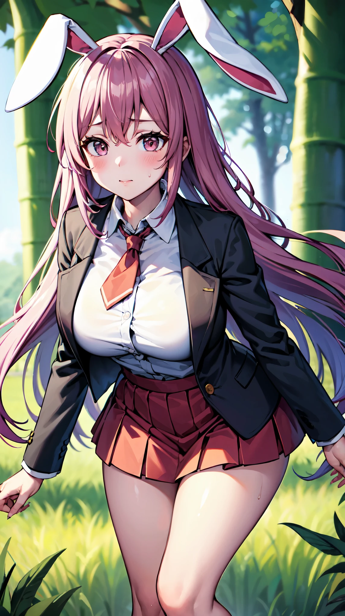 （（super high quality,Ultra-high resolution,16K,super masterpiece,Ultra HD,Ultra high definition,））One high school girl,White bunny ears,Very long straight purple hair,Slender body,Black blazer,White dress shirt,Tight collar,No.２I'm even removing the button,red long tie,Pink mini skirt,White socks,blush,Looks at me so shyly,Leaning forward greatly,Hands tucked between the crotches,Sweaty,Bamboo forest in the morning sun,A strong wind is blowing,The wind messes up my hair and skirt,