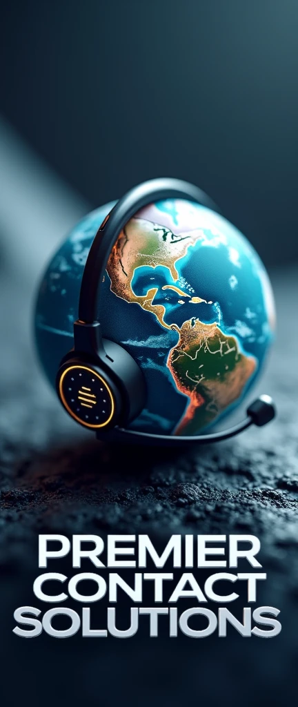 A logo that has a headset to take calls and that is placed on the planet Earth and that has letters that say "Premier Contact Solutions" that the image looks realistic and the letters are the same font that looks thick that is the image prior to this one