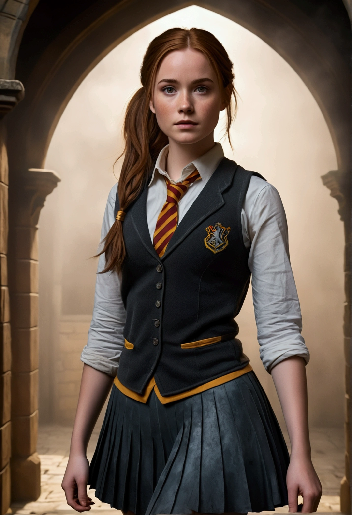 An illustrated movie poster, hand-drawn, full color, a female Hogwarts student, 1, wearing a charcoal vest and a pleated skirt, tall, toned, amazonian stature, athletic hourglass figure, full wide hips, massive round butt, long shapely legs, ridiculously thick powerful thighs, hazel eyes, deep dark auburn hair, messy ponytail, flushed sun-kissed complexion, freckles, resembles Genevieve O'Reilly, standing in a foggy Hogwarts courtyard, surrounded by mist, graphite shading, stencil marks, airbrushed acrylic paint, masterpiece, in the Deathly Hallows 