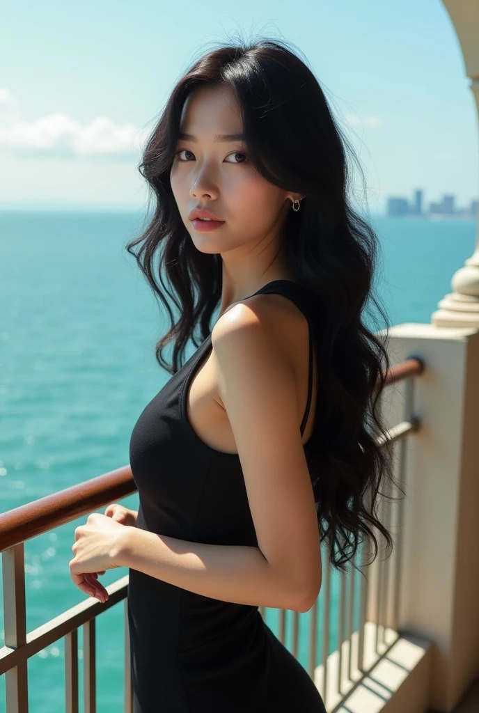 Jisoo, a korean girl from a famous kpop group, on a balcony of a fancy building with a sea view and her long, wavy black hair flying in the wind