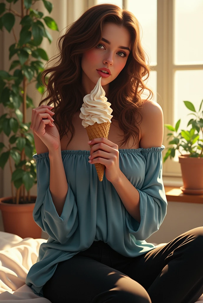 (photoréalisme:1.2), Belle femme, qui mange une glace, porter un haut ample bleu à épaules dénudées, pantalon de pyjama noir, longs cheveux bouclés, à l'intérieur, éclairage doux, plantes en arrière-plan, fenêtre avec lumière du soleil, chambre confortable, pose détendue, Réaliste, détails complexes, Couleurs chaudes, par Greg Rutkowski, Par Alphonse Mucha