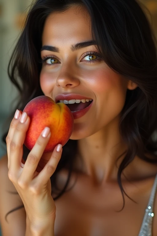 A beautiful Iranian woman in her 30s、Looking straight ahead、With an erotic and ecstatic look、Looks delicious、is eating a peeled peach with his mouth wide open。Background、Please recommend some famous Iranian tourist spots.。There are five fingers on one hand。9:In 16 sizes、Highest quality、A masterpiece please。