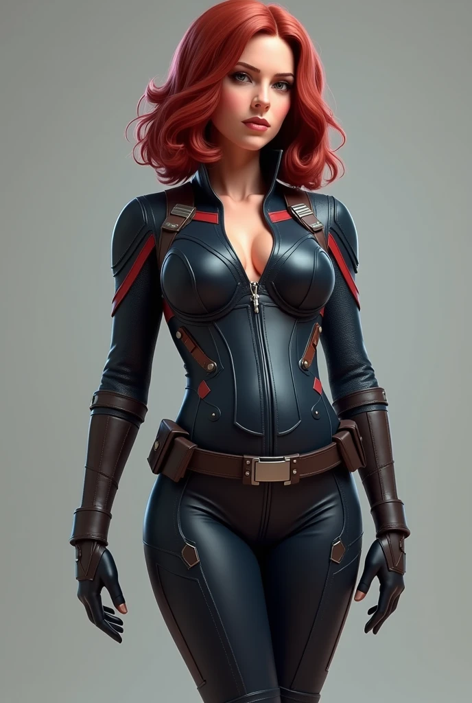 Scarlett Johanson as Natasha Romanoff with her Avengers costume but with a big butt and big breasts, belly as big as a blueberry