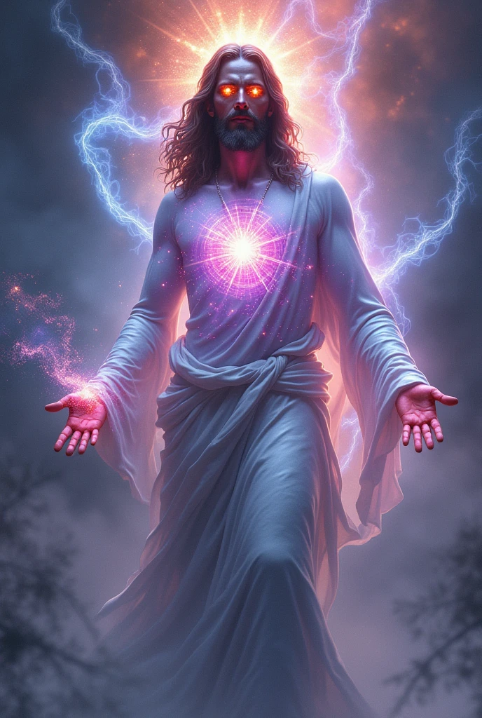 jesus with energy field around silver body, violet aura red and blue aura silver on the chest fire aspect in the eyes silver