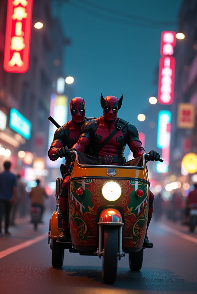 Make an image of deadpool and wolverine riding a autorickshaw in kolkata night 