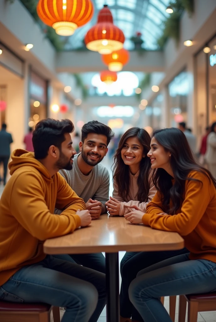 A 2 indian boy with medium long hair wearing hoodie and seating with his 2 beautiful indian girlfriend on table inside a mall. And girls taking selfie 