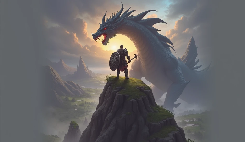 a man in the game call of dragon, stand in the top of the hill, actack the dragon