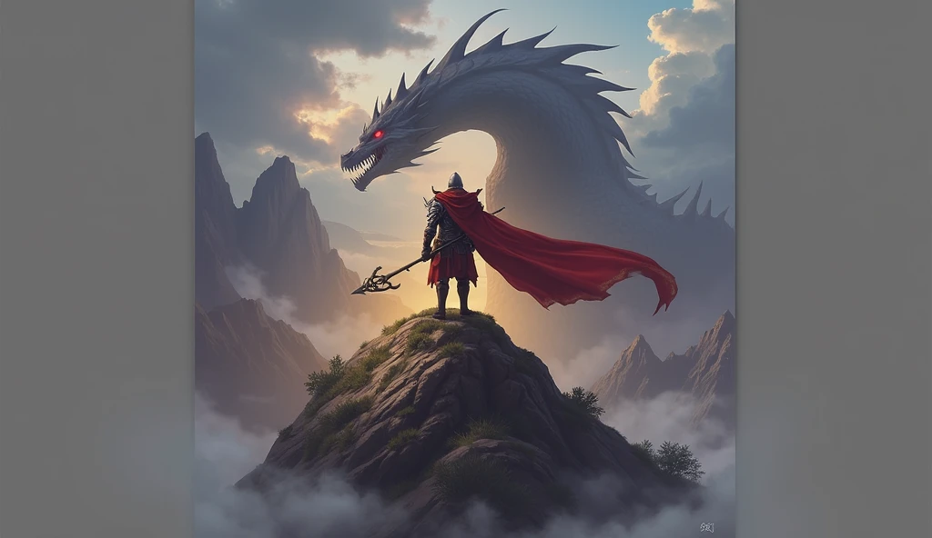 a man in the game call of dragon, stand in the top of the hill, actack the dragon