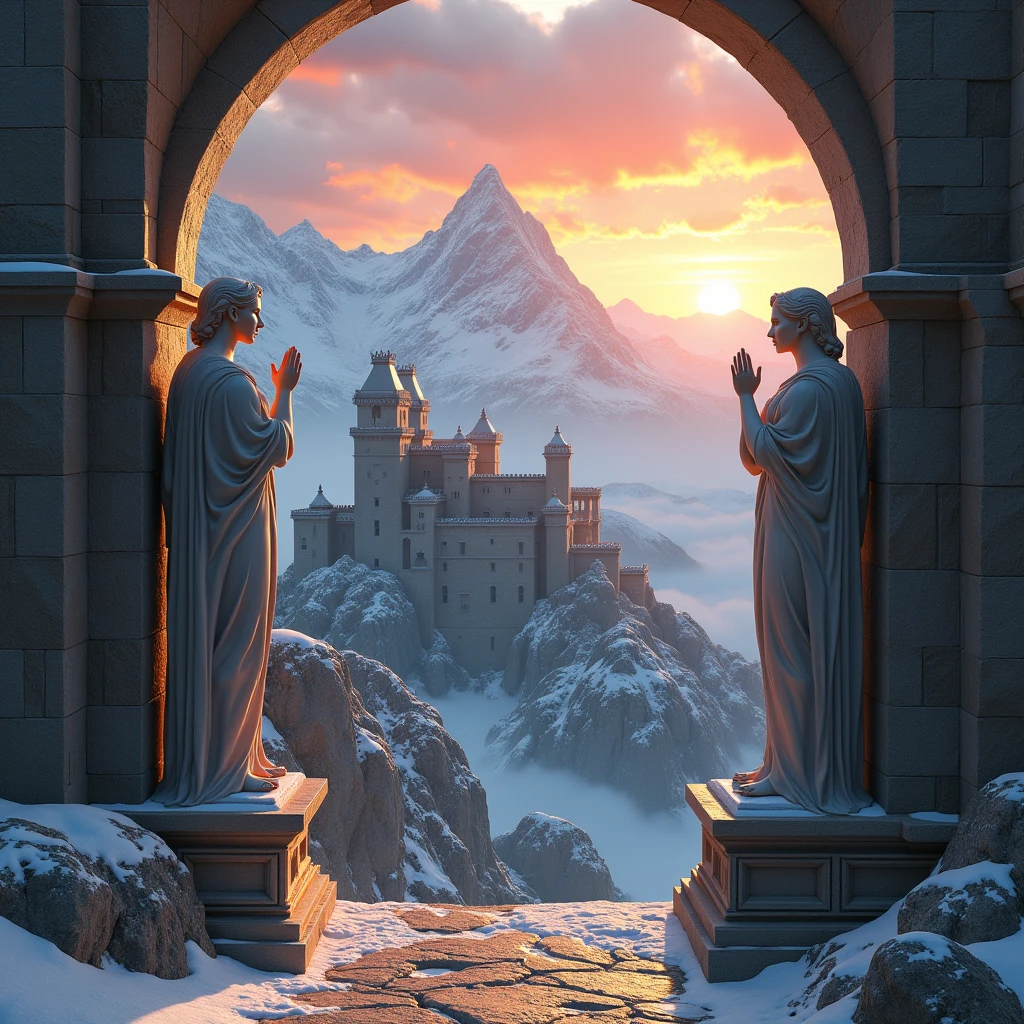 Make me an ultra realistic image. Make a medieval fortress attached to a mountain. There are two statues of a woman from ancient Greece, with hands raised to the sky. sunset.