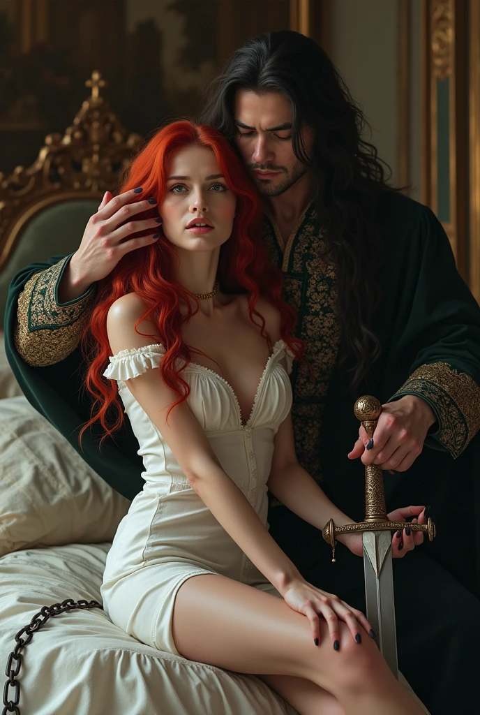 ((A couple in love)), ((naked mermaid woman with ginger hair)), bending over ((a masculine man with short black hair using persian clothes)) hair with many details, 8k artgerm bokeh, fanart best artstation, render photorealistic, guweiz-style art, inspired by WLOP, ig model | artgerm, detailed waist up portrait, stunning wait up portrait of realistic face, beautiful waist up portrait, deviantart artstation cgscosiety, cinematic realistic portrait, high quality portrait, elegant digital painting, photorealistic artstyle, ((night sky in the woods with crescent moon background))