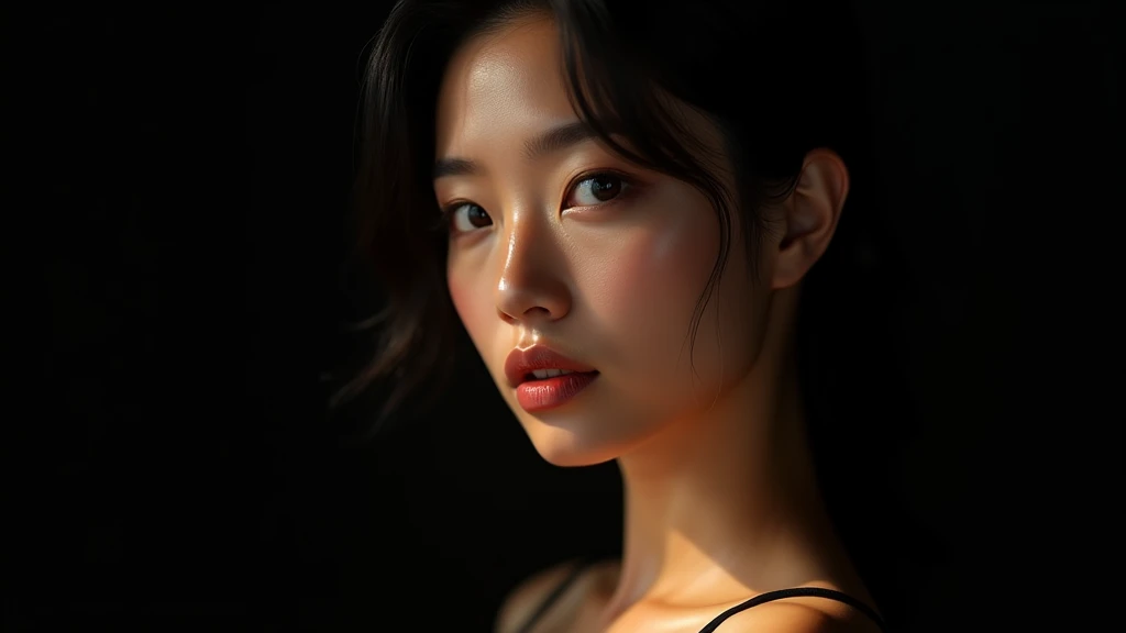 A strong, mature woman Best Quality, 8k, Masterpiece, (Portrait: 1.3), (photo realistic:1.4), (hyper realistic:1.4), Sharp Focus, looking at viewer, (smoother lighting:1.1), (increase cinematic lighting quality:0.9), realistic lighting, backlighting, light on face, ray trace, (brightening light:1.2), (Increase quality:1.4), sharp detail, (best quality real texture skin:1.4), finely detailed eyes, black_eyes, finely detailed face, 25 year old tanned Korean woman, camisole, void black back ground long neck