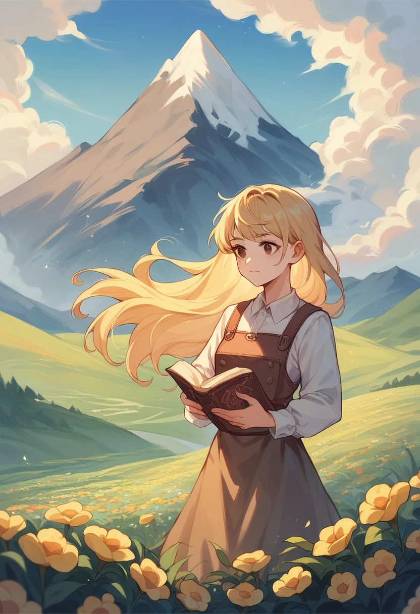 Young woman, blonde hair, Brown eyes, long hair, holds the book, Flower field, Mountains((high detail))