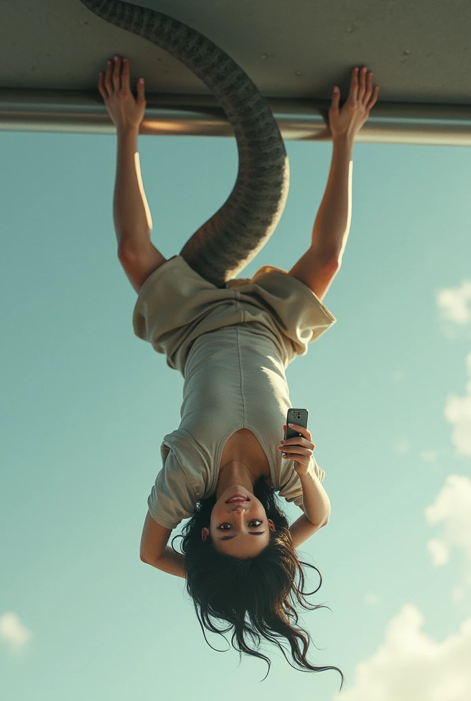 a young girl of 23 years, with lizard tail , headlong (upsidedown) (gripped, hanging with its tail on a tube). playing (gaming) with phone in his hands.