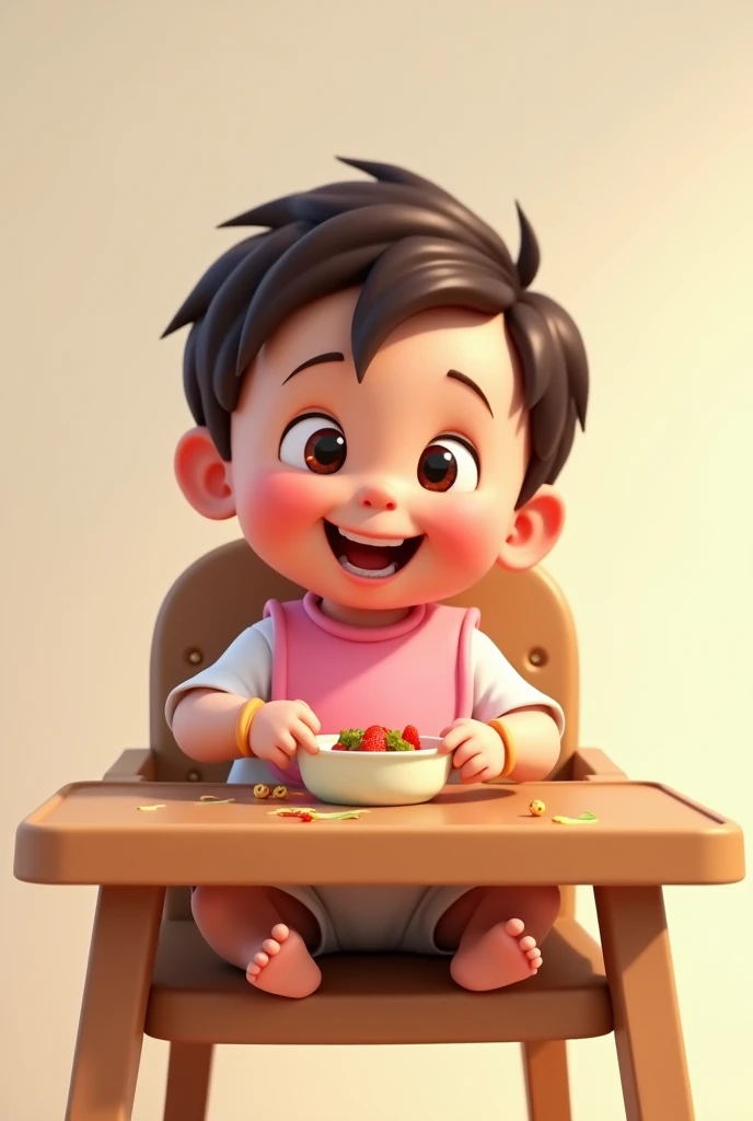 animated baby with a dark brown hair and wearing a white shirt and a pink drool bib that is sitting in a brown high chair is enjoying the food while playing and the bib gets a little bit messy because of the food and the drools