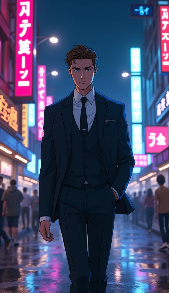 A young man with slicked-back brown hair, wearing a suit, walks through a bustling city at night. His face is filled with determination as he strides forward, the city lights reflecting off the wet pavement behind him. The neon signs and busy streets add to the intensity of the scene. [Anime style, inspired by 90's cyberpunk aesthetics], [Cool, vibrant lighting, high contrast, focus on the man and cityscape, dynamic composition, sharp details, intense mood]