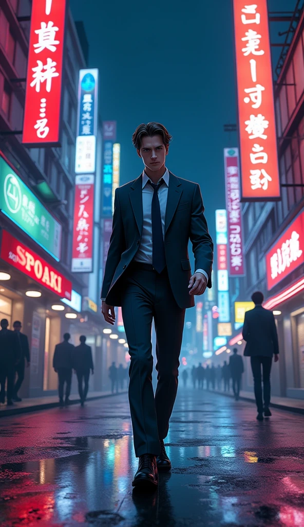 A young man with slicked-back brown hair, wearing a suit, walks through a bustling city at night. His face is filled with determination as he strides forward, the city lights reflecting off the wet pavement behind him. The neon signs and busy streets add to the intensity of the scene. [Anime style, inspired by 90's cyberpunk aesthetics], [Cool, vibrant lighting, high contrast, focus on the man and cityscape, dynamic composition, sharp details, intense mood]