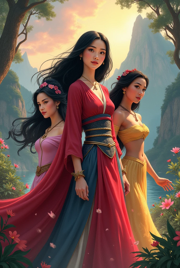 Make a character front together with princess mulan, princess belle and princess pocahontas