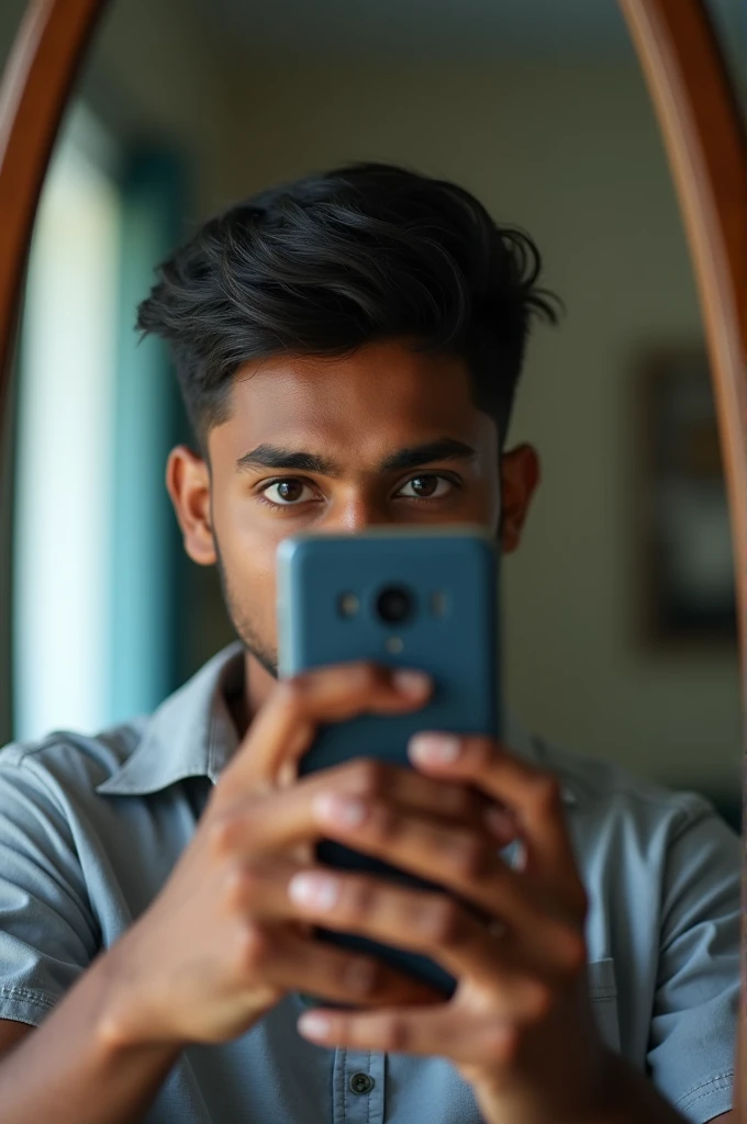 Dusky tamil nadu good looking guy taking mirror selfie covering his face with phone in casuals