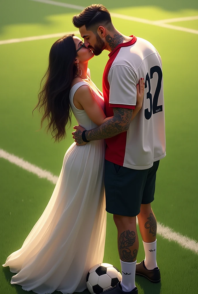  A woman and man standing in football ground looking at each lovingly and hugging and kissing each other.woman is wearing a dress and glasses.she has black hair .man is wearing a white and red 32 number jersey. Man is 1 feet taller than girl.  Man one foot standing on soccer ball . Girl is wearing high heel and  long white dress make girl hair set. Make them realistic jersey no 32. man s arm cover with tattoo. woman s hand in man s hair and man s arm rests on women s back. woman is wearing long red and white dress. Man and woman kissing each other 