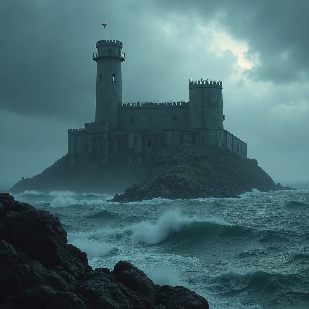 a lonely prison on a small island in the middle of a dark, stormy sea, dramatic cloudy sky, gloomy atmosphere, crashing waves, rocky coastline, rusted barbed wire fences, high stone walls, guard towers, dramatic lighting, (best quality,4k,8k,highres,masterpiece:1.2),ultra-detailed,(realistic,photorealistic,photo-realistic:1.37),dramatic lighting,cinematic,moody,dark