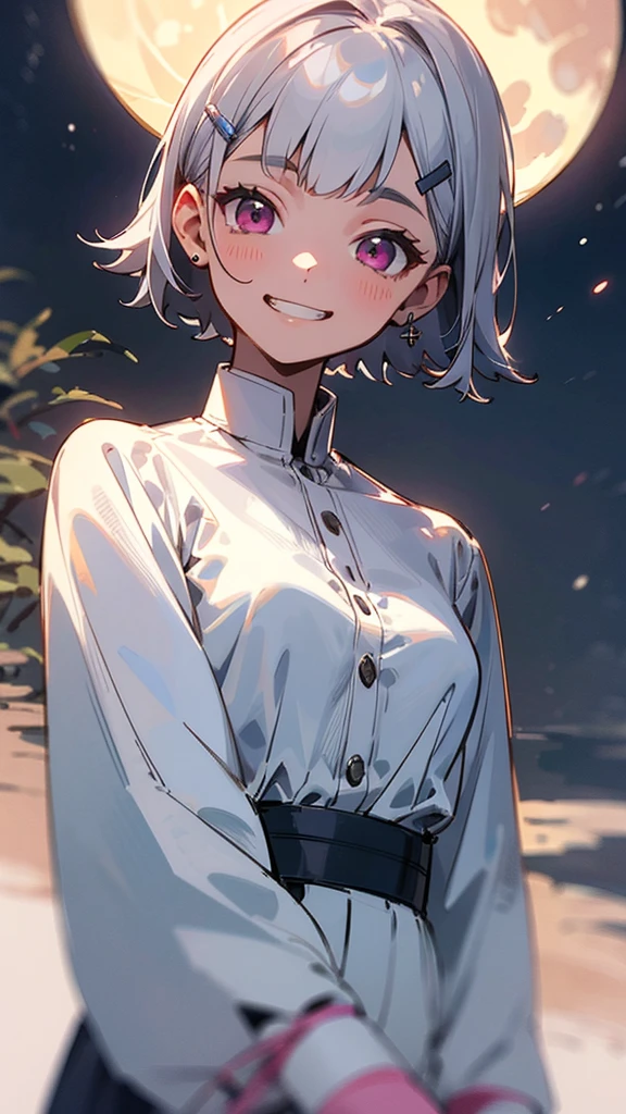 Highest quality、Teenage Girl、High resolution、Beautiful details、Quiet atmosphere、Small breasts、Short silver bob hair held together with a hair clip, Pink Eyes、Grin、Upper body close-up、White blouse shirt with ethnic patterns、Thick outline、Park under the moonlight、Background Blur