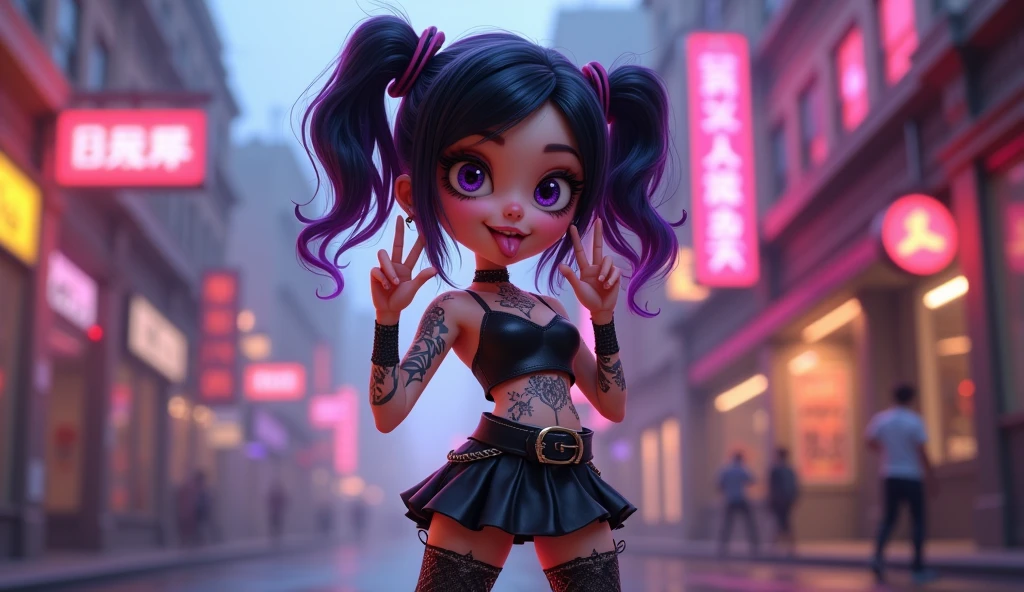 create a pixar style 3D cartoon image of a white girl with black hair and purple highlights, wearing gothic clothes, tattoos and piercings, black skirt with thigh high socks, with tongue out making a rock n roll gesture in wide camera shot