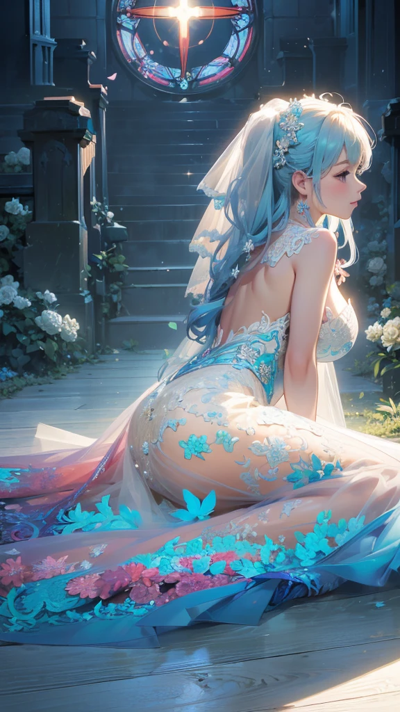 Official Art, Unity,8k wallpaper, Correct Anatomy，Very detailedな, Beautiful yet fleeting、(())Japan、beautiful, masterpiece,((One Woman)) Highest quality,White flower, ((Large Breasts))Flower Ecstasy, Very detailed, Light blue hair、((Random々angle))Dynamic angle, ((Yamato), ((beautifulウェディングドレス))The most beautiful form of chaos, ((The body is slim)).elegant, Vibrant colors,((wedding)) Romanticism, James Jean, Robbie Dawi Anton, Ross Tran, Francis Bacon, It was very cold, Petra Cortright, Gerhard Richter, takato yamamoto, Ashley Wood, Atmospheric,((smile),((Church yard))