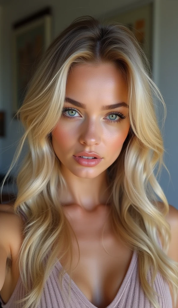 selfie, jolie femme au visage de poupée, expression attrayante et séduisante, Timide, Cheveux blonds raides, front, maquiller, yeux bleus, proportion corporelle superlative, portant une chemise en tricot ample, pantalon en cuir moulant, Bottes, ingénieur, Artistique, Hyper, art numérique graphique CG, mob