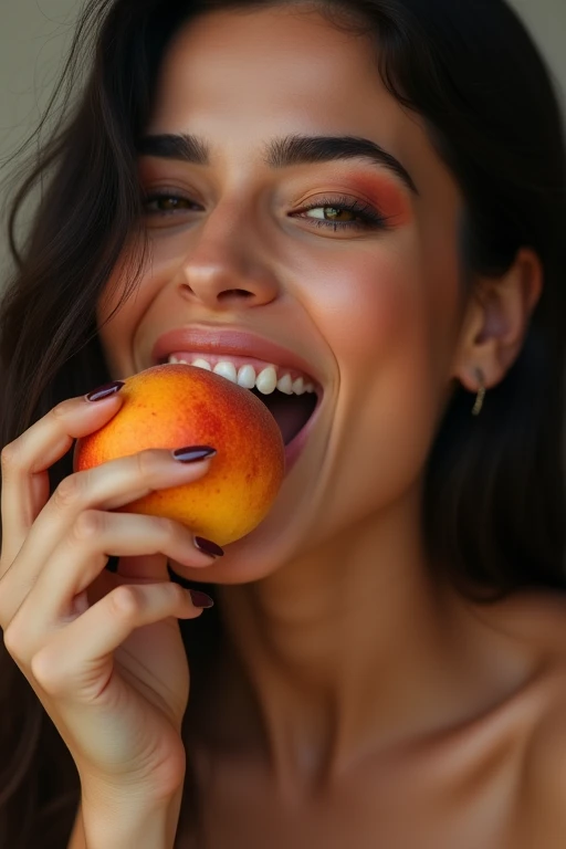 A beautiful Iranian woman in her 30s、Looking straight ahead、With an erotic and ecstatic look、Looks delicious、is eating a peeled peach with his mouth wide open。Background、Please recommend some famous Iranian tourist spots.。There are five fingers on one hand。9:In 16 sizes、Highest quality、A masterpiece please。