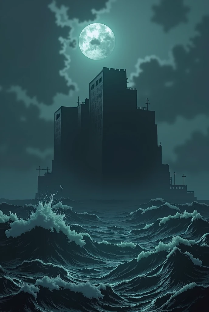 Prison is middle of the dark sea and around the water and no eay