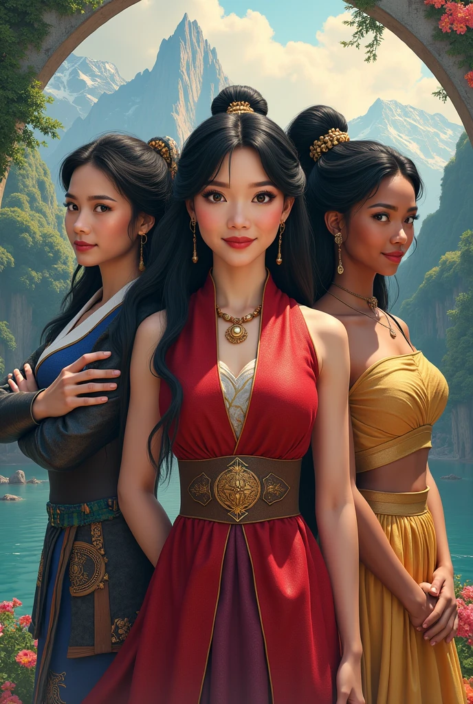 Make a character front together with princess mulan, princess belle and princess pocahontas 