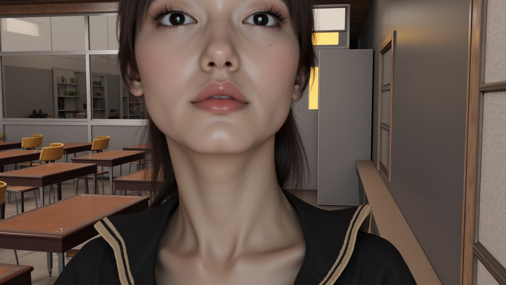 A strong, mature woman Best Quality, 8k, Masterpiece, (Portrait: 1.3), (photo realistic:1.4), (hyper realistic:1.4), Sharp Focus, looking at viewer, (smoother lighting:1.1), (increase cinematic lighting quality:0.9), realistic lighting, backlighting, light on face, ray trace, (brightening light:1.2), (Increase quality:1.4), sharp detail, (best quality real texture skin:1.4), finely detailed eyes, black_eyes, finely detailed face, 25 year old tanned Korean woman, camisole, void black back ground long neck