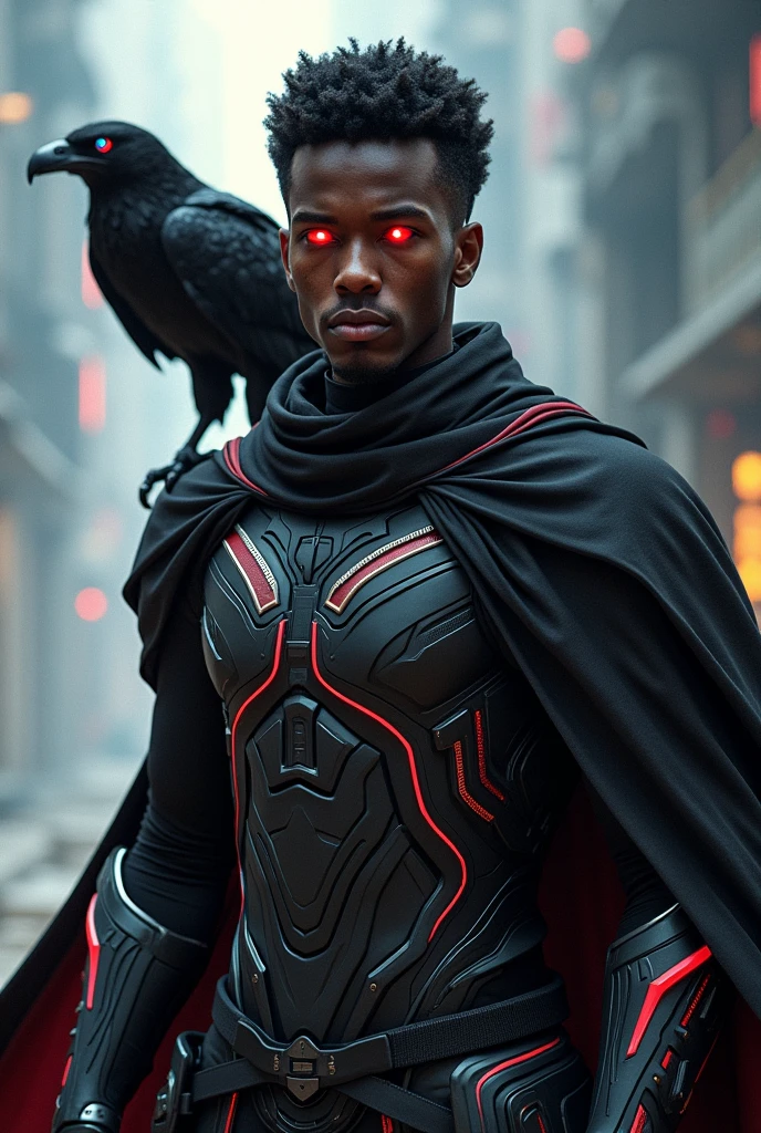 Create an image of a young, soft dark-skinned man, Futuristic Portugal black armor with red and white details, with a black cape and a look and short afro hair and blue eyes using red energy, A black eagle stands on his shoulder