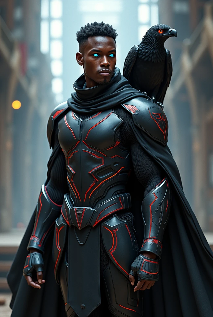 Create an image of a young, soft dark-skinned man, Futuristic Portugal black armor with red and white details, with a black cape and a look and short afro hair and blue eyes using red energy, A black eagle stands on his shoulder