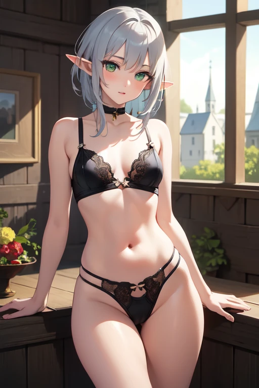((best quality)), ((masterpiece)), (detailed), elf girl, slender body, small breasts, beautiful thighs, beautiful legs, beautiful waist, shoulders lenght silver hair, green eyes, using black lingerie, cozy medieval room