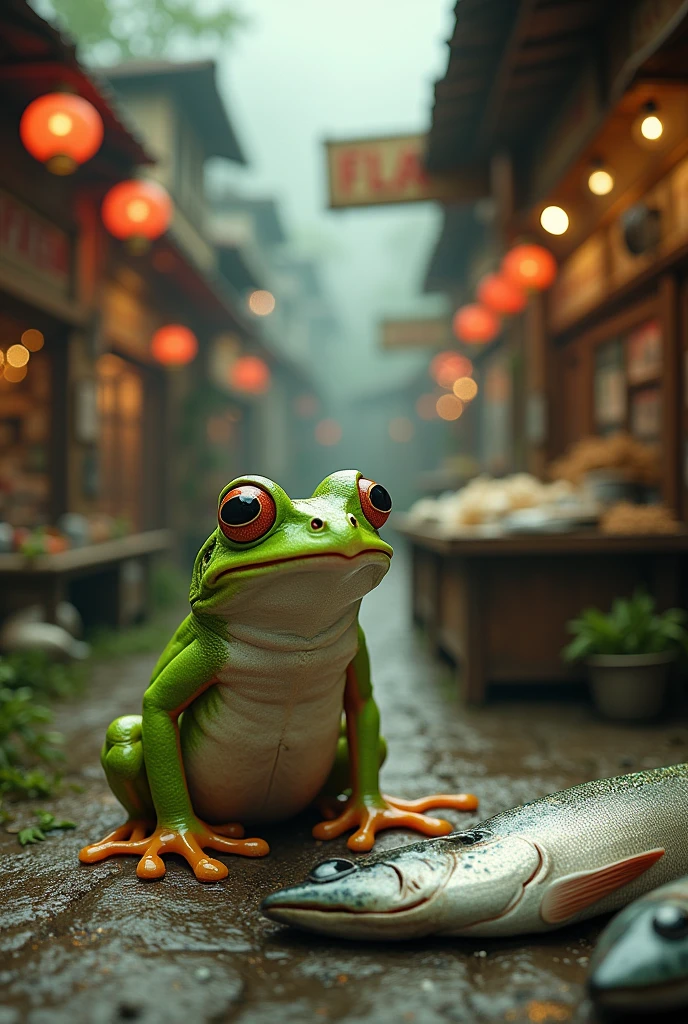 Retro Images，Storytelling，Tree frog，Ultra-realistic，high resolution，I work at the fish market
